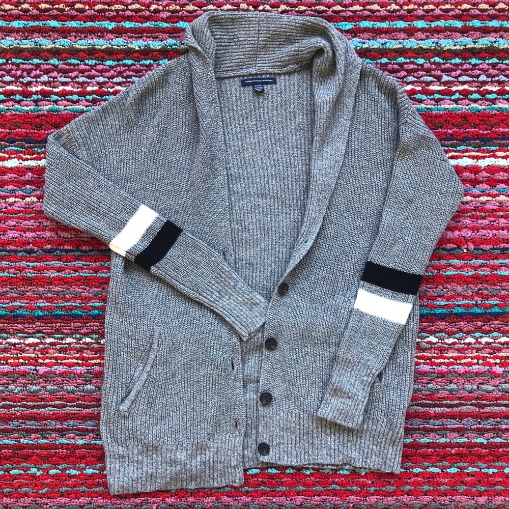 Grey Knit Cardigan with Striped Sleave